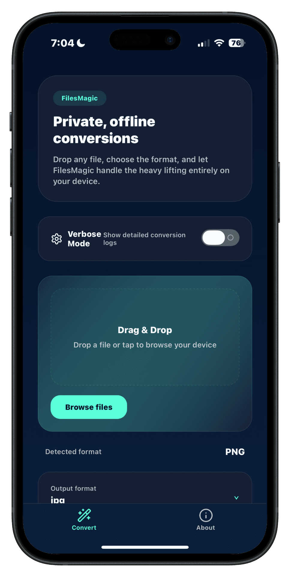 FilesMagic iPhone interface for private offline file conversions