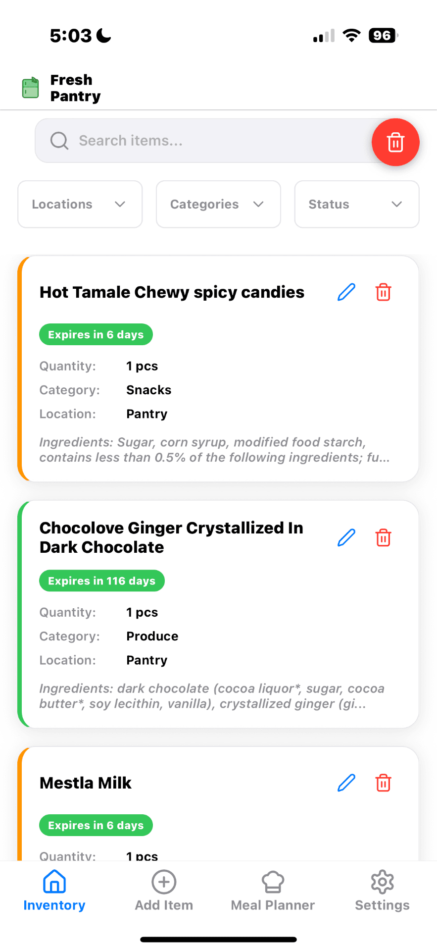 Fresh Pantry pre-release inventory screen listing food items with expiration status, quantity, category, and storage location