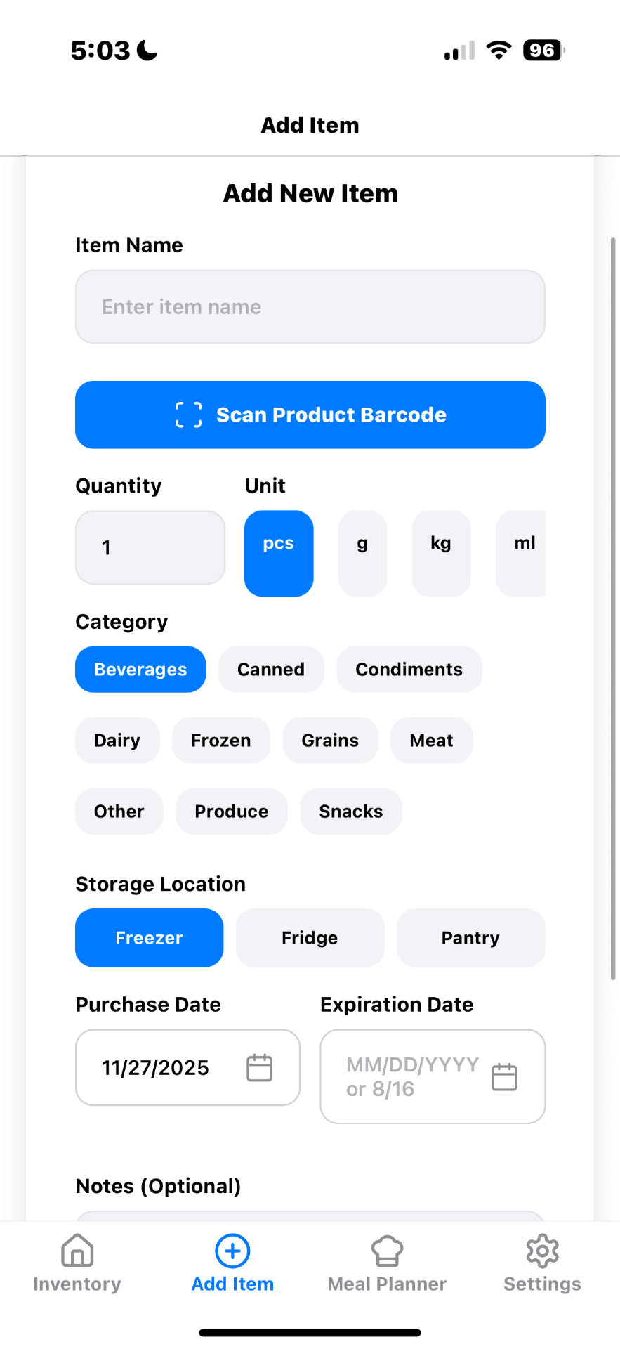 Fresh Pantry pre-release add item screen with quantity, unit, category, storage location, and dates