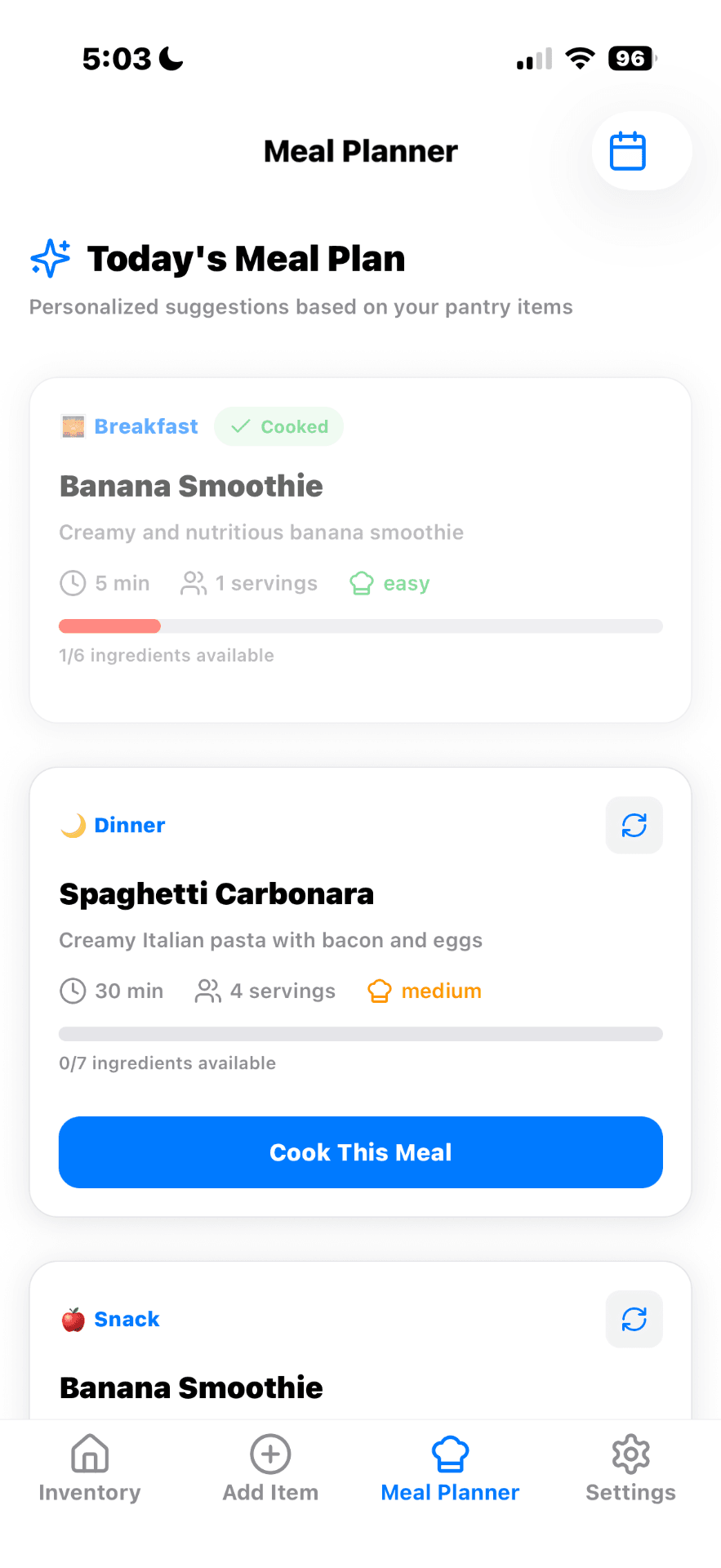 Fresh Pantry pre-release meal planner screen