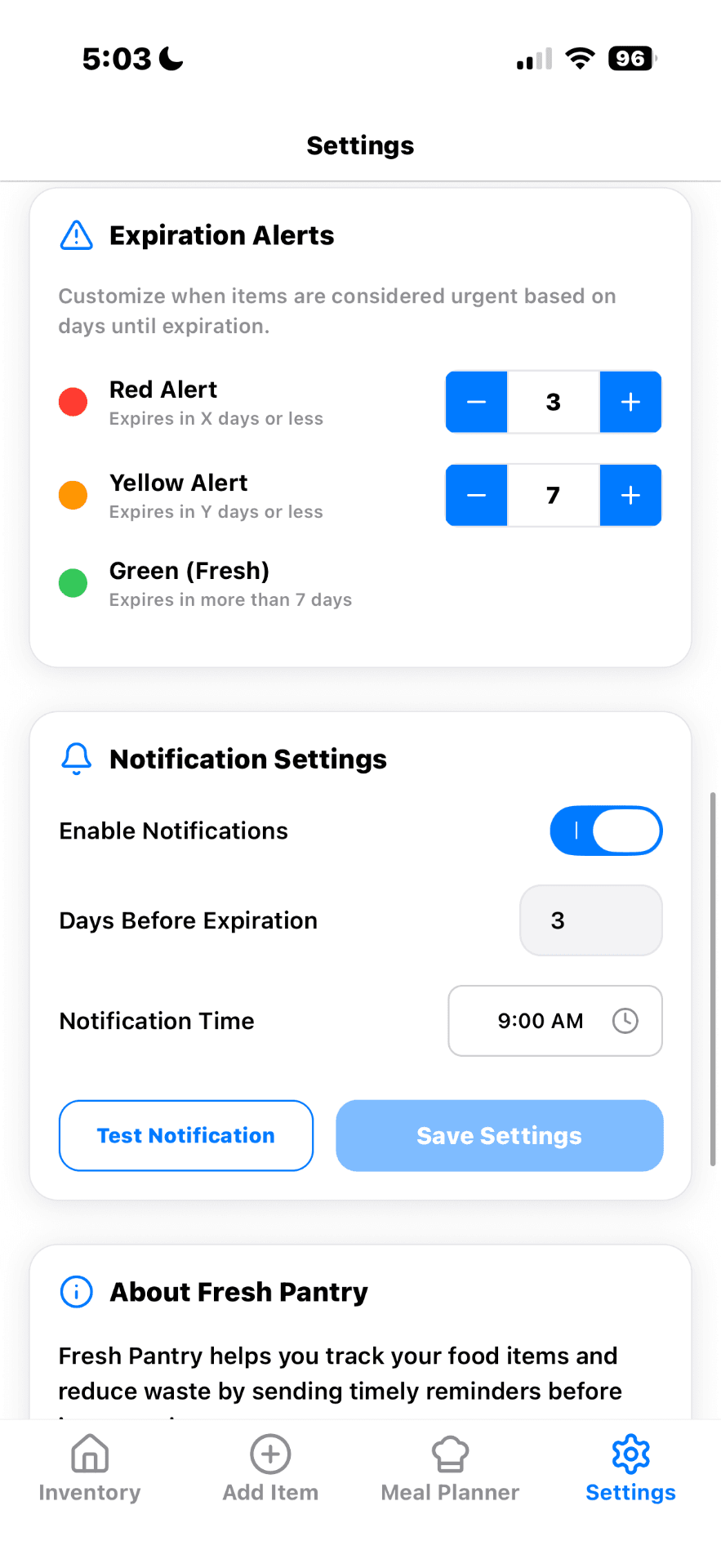 Fresh Pantry pre-release settings screen with expiration alert thresholds